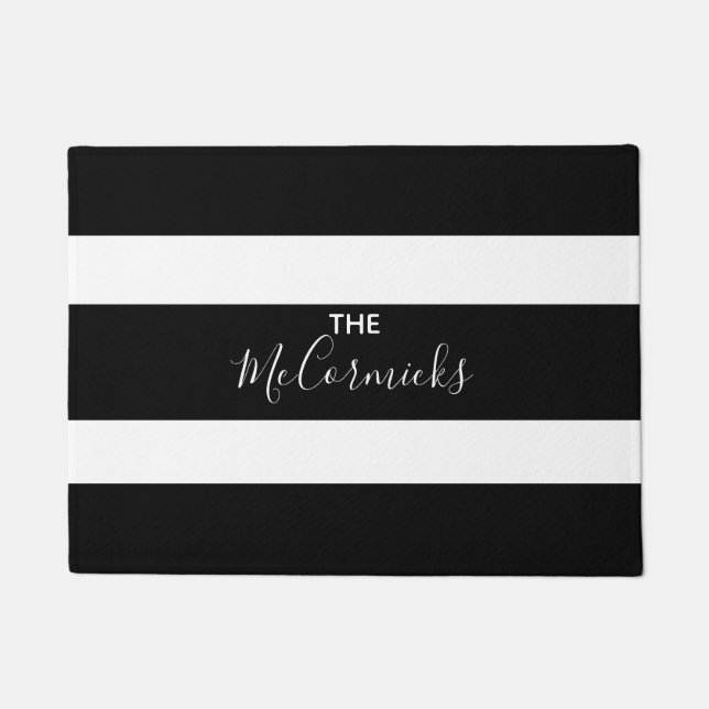 Black and White Striped Personalised Script Doormat (Front)