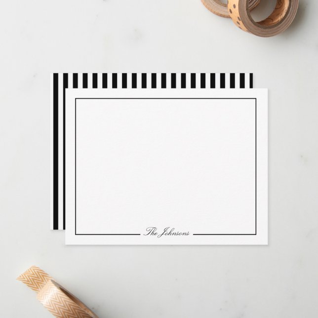 Black and White Striped Personalised Stationery Card (Front/Back In Situ)