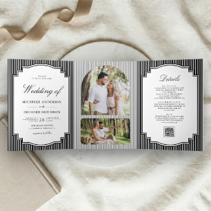 Black and White Striped Photo QR Code Wedding Tri-Fold Invitation
