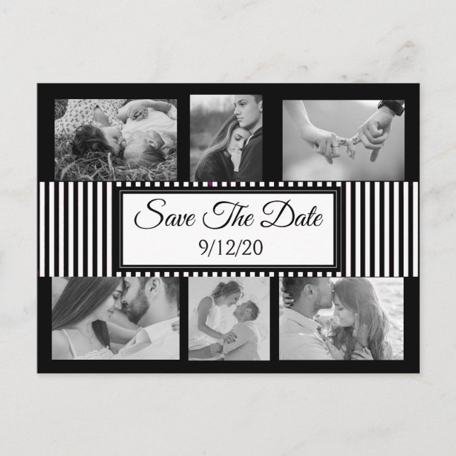 Black and White Striped Photo Save the Date Announcement Postcard (Front)