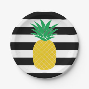 Black and White Striped Pineapple Tropical Paper Plate