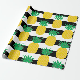 Black and White Striped Pineapple Tropical Wrapping Paper