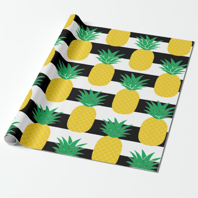 Black and White Striped Pineapple Tropical Wrapping Paper (Unrolled)