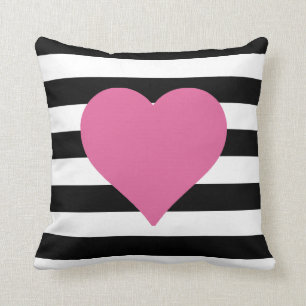 Black and White Striped Pink Heart Throw Pillow