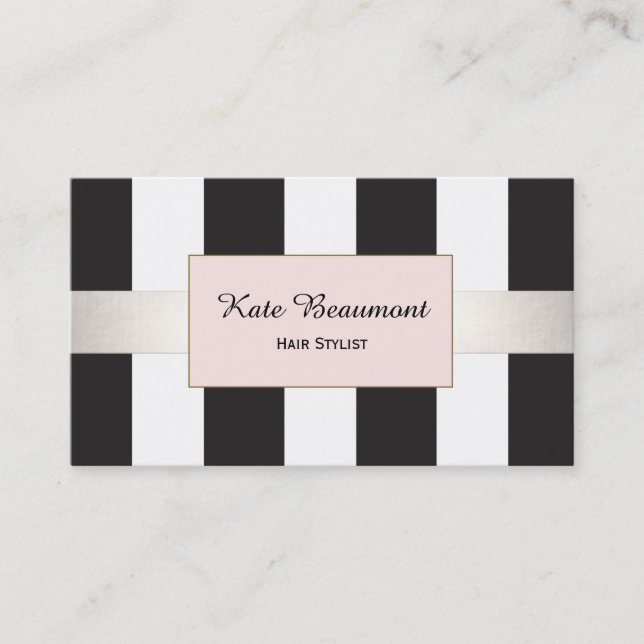 Black and White Striped Pink Plaque Hair Salon Business Card (Front)