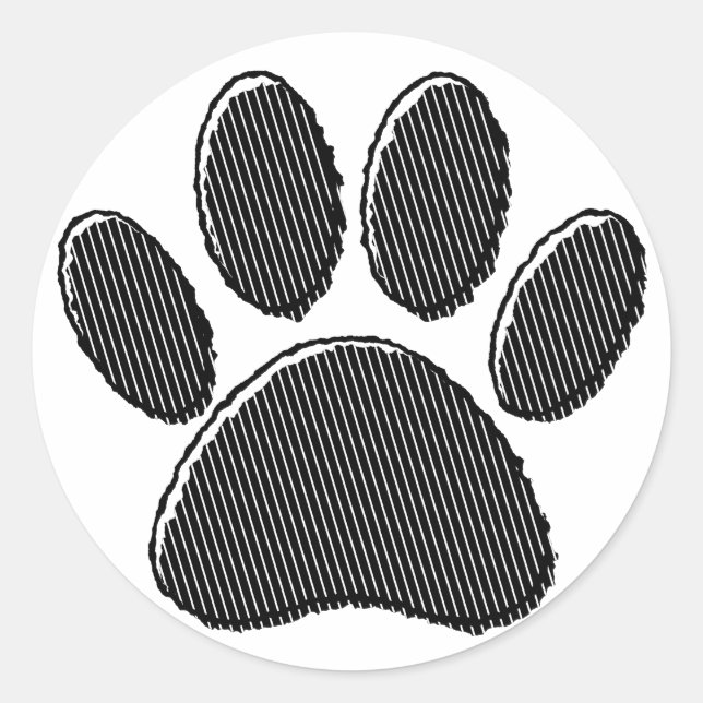 Black and White Striped Puppy Paw Print Classic Round Sticker (Front)