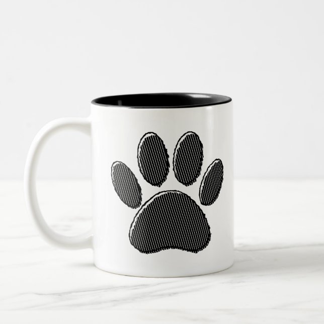 Black and White Striped Puppy Paw Print Two-Tone Coffee Mug (Left)