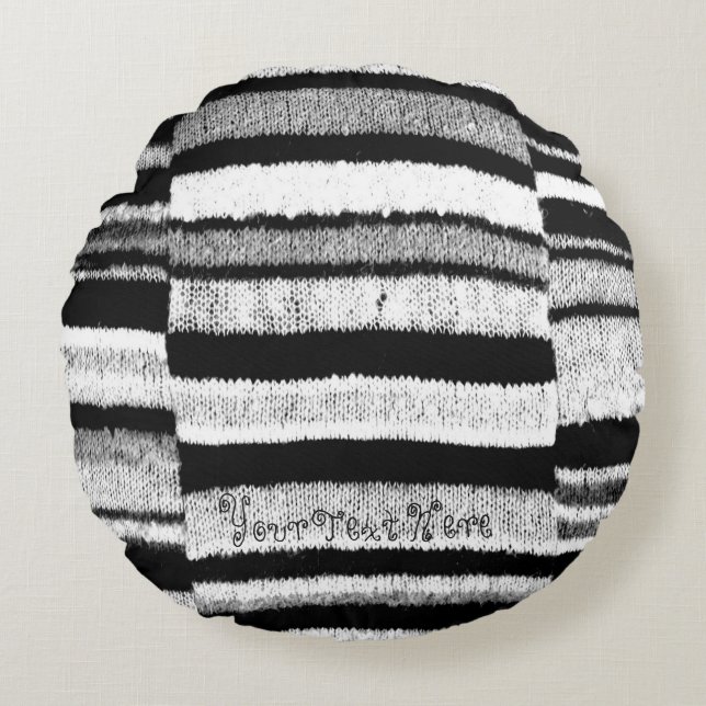 black and white striped shabby chic knitted round cushion (Front)