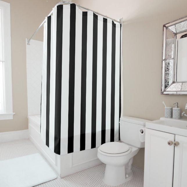 Black and White Striped Shower Curtain (In Situ)
