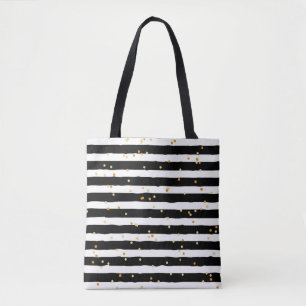 Black and White Striped Tote Bag with Gold Dots