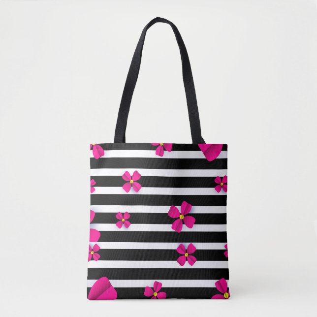 Black and white striped tote with pink flowers  (Front)