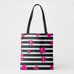 Black and white striped tote with pink flowers bag