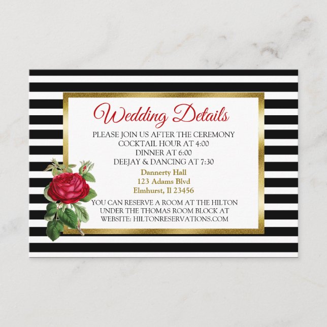 Black and White Striped Wedding Details Card (Front)