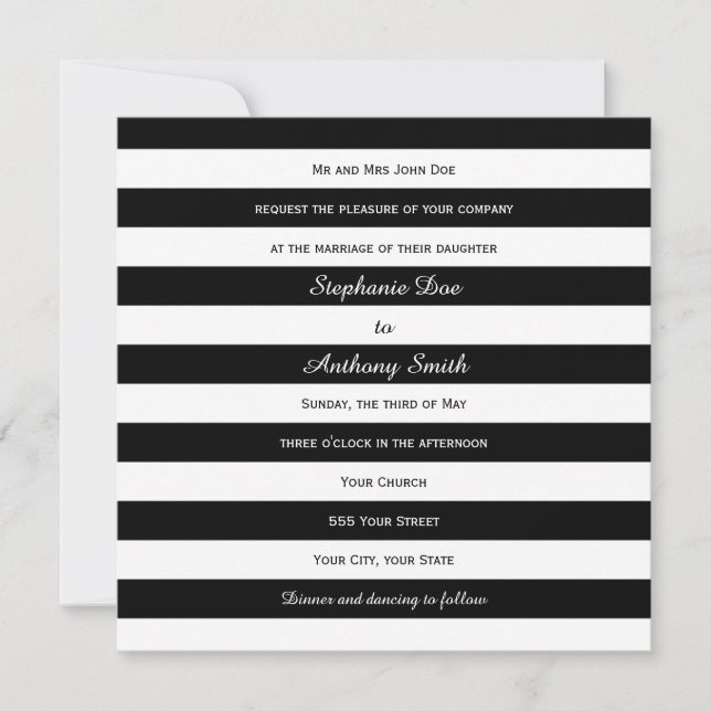 Black and White Striped Wedding Invitation (Front)