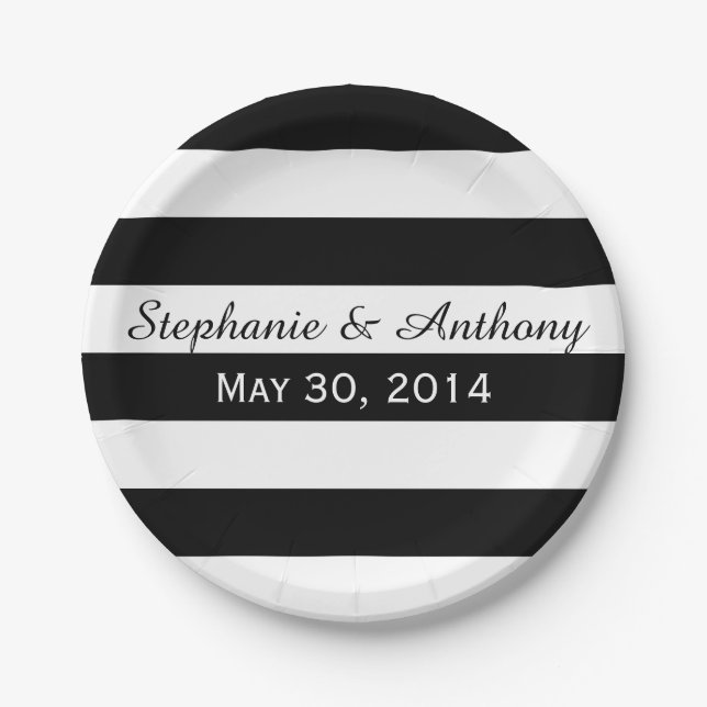 Black and White Striped Wedding Paper Plate (Front)