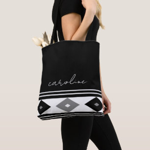 Black and White Stripes and Diamond Shapes   Tote Bag