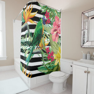 Black And White Stripes And Flowers And Parrot Shower Curtain