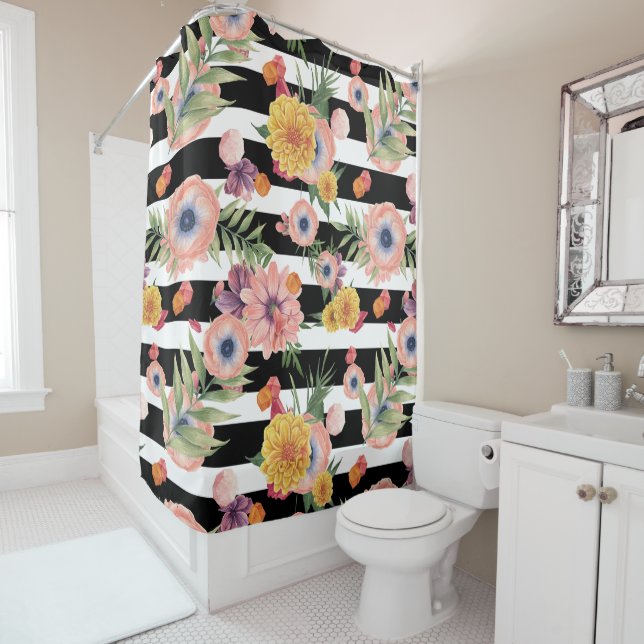 Black And White Stripes And Flowers Shower Curtain (In Situ)