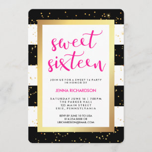 Black and White Stripes and Gold Sweet Sixteen Invitation