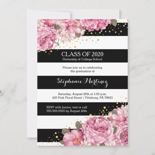 Black and white stripes and pink floral graduation invitation (Front)