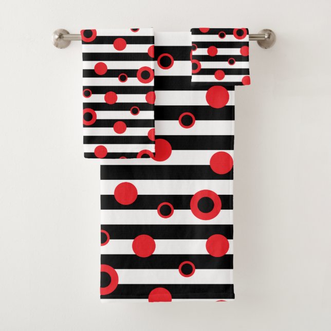 Black and white stripes and red circles pattern bath towel set (Insitu)