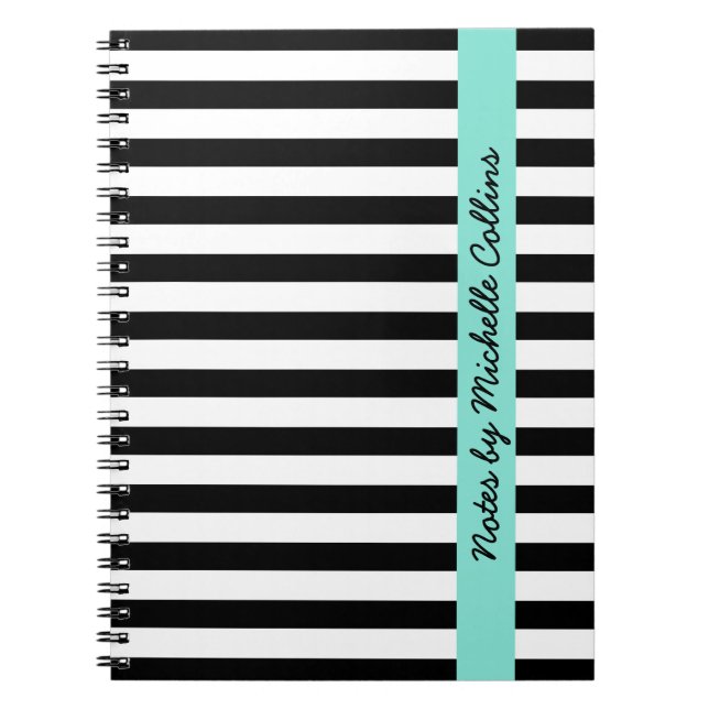 Black and white stripes aqua personalised name notebook (Front)