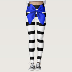 Black and White Stripes Blue Bow Leggings