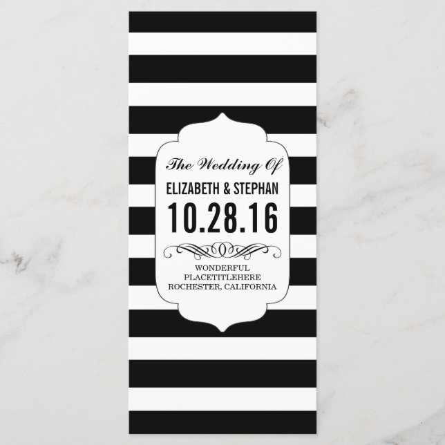 Black and white stripes chic wedding programs programme (Front)