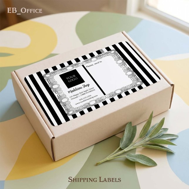 Black and White Stripes & Curly Frame & Logo (Chic Black & White Stripes with Logo.
Size: 3.75” L x 2” W - 8 labels per sheet






)