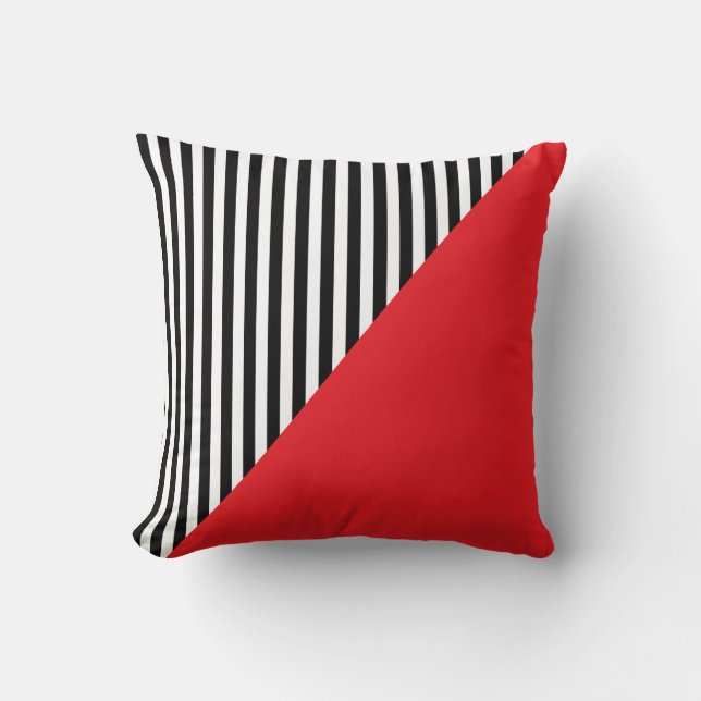 Black and white stripes & diagonal red pattern cushion (Front)