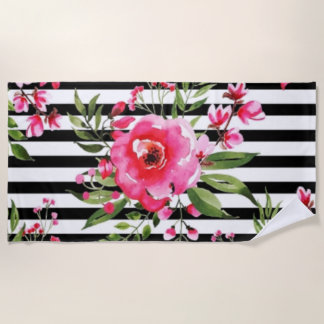 Black And White Stripes Floral Beach Towel