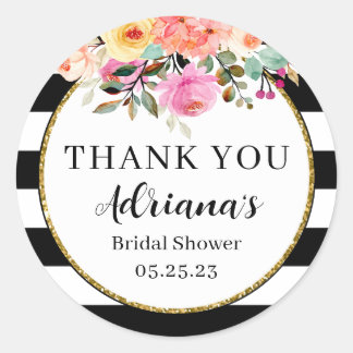 Black and White Stripes Floral Classic Round Sticker