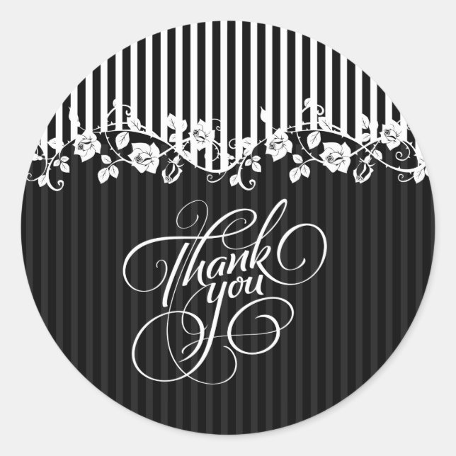 Black And White Stripes & Floral Lace Thank You Classic Round Sticker (Front)