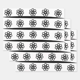 Black and White Stripes Floral Pattern    Wrapping Paper Sheet