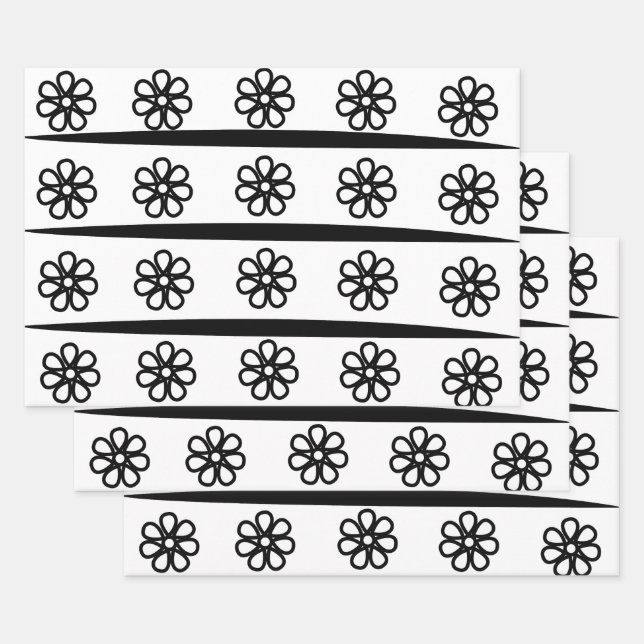 Black and White Stripes Floral Pattern    Wrapping Paper Sheet (Set)