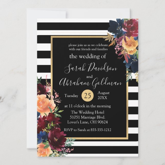Black and White Stripes Flowers Red Navy Wedding  Invitation (Front)