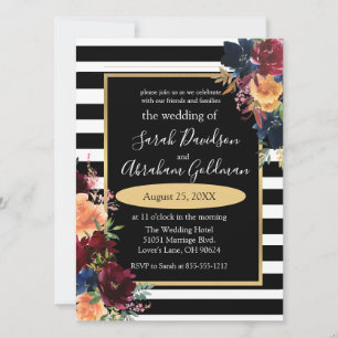 Black and White Stripes Flowers Red Navy Wedding   Invitation