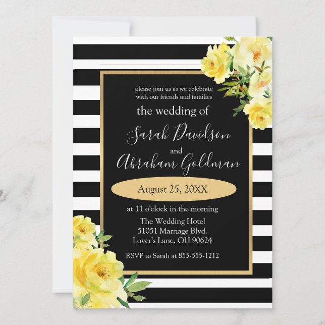 Black and White Stripes Flowers Roses Wedding  Inv Invitation (Front)