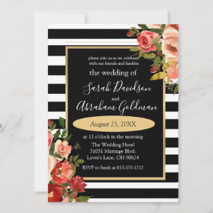 Black and White Stripes Flowers Roses Wedding Inv Invitation