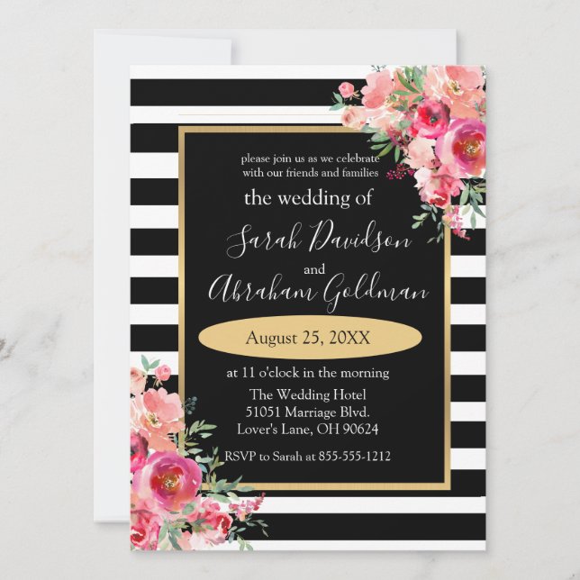 Black and White Stripes Flowers Roses Wedding  Inv Invitation (Front)