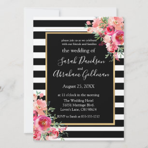 Black and White Stripes Flowers Roses Wedding  Inv Invitation