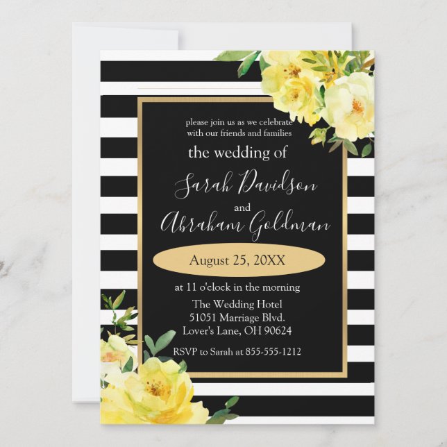 Black and White Stripes Flowers Roses Wedding  Inv Invitation (Front)