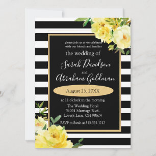 Black and White Stripes Flowers Roses Wedding Inv Invitation