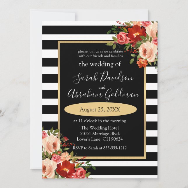 Black and White Stripes Flowers Roses Wedding  Inv Invitation (Front)