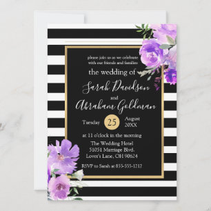 Black and White Stripes Flowers Roses Wedding Invitation