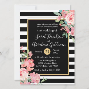 Black and White Stripes Flowers Roses Wedding  Invitation