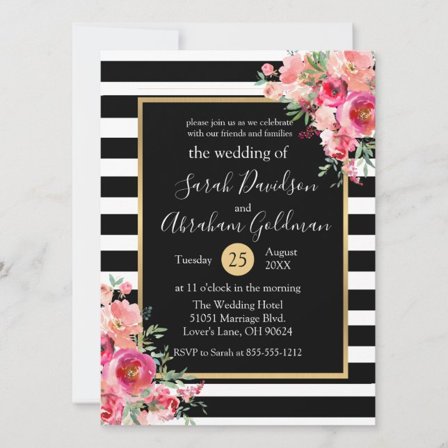 Black and White Stripes Flowers Roses Wedding  Invitation (Front)