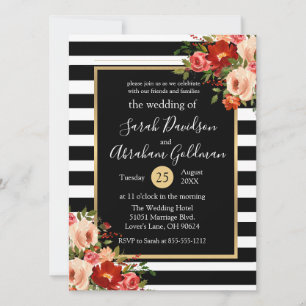 Black and White Stripes Flowers Roses Wedding Invitation