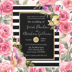 Black and White Stripes Flowers Roses Wedding Invitation