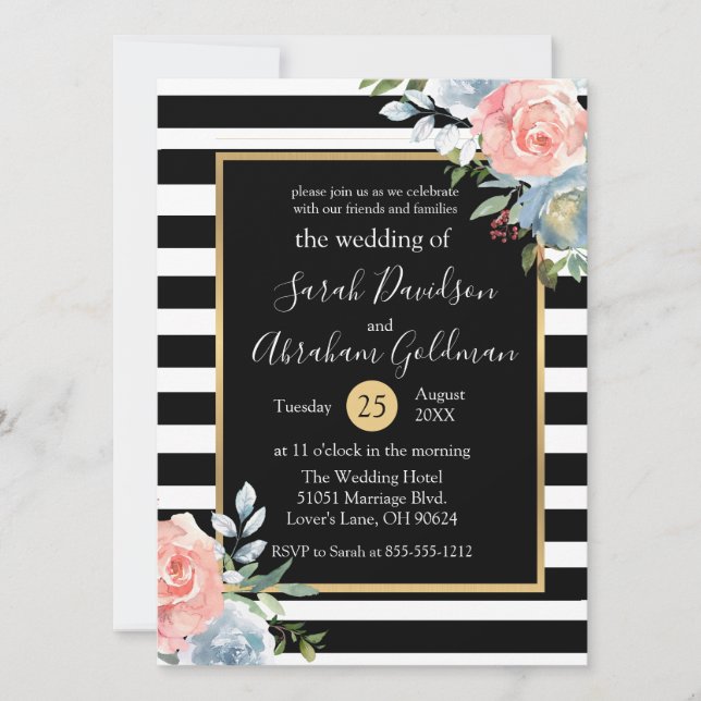 Black and White Stripes Flowers Roses Wedding  Invitation (Front)